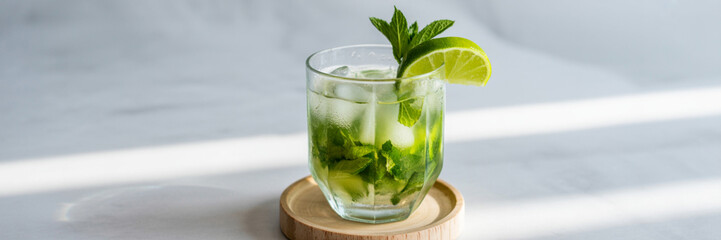 Fototapeta premium Refreshing Mojito Cocktail with Mint and Lime on Wooden Coaster – Minimalist Food Photography