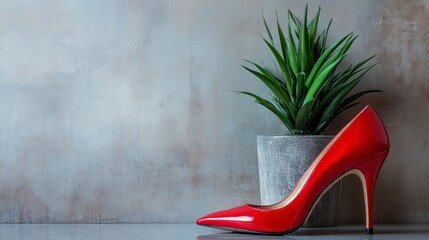 Red high-heeled shoe next to a potted plant against a textured wall.
