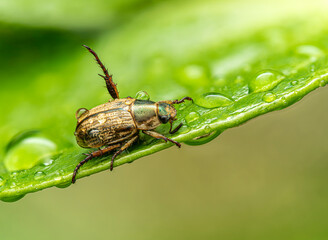濡れた葉に止まるセマダラコガネ