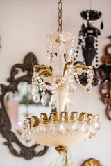 Elegant vintage chandelier hanging in a beautifully decorated room