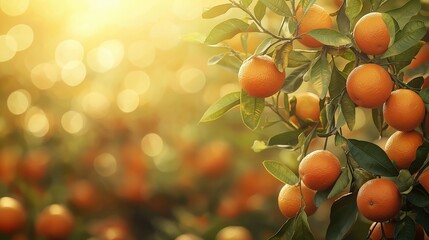 Orange tree with ripe fruits bathed in warm golden sunlight