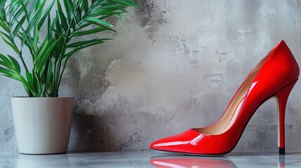 Red high-heeled shoe with plant pot on grey background.