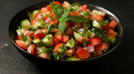 Fresh tomato, cucumber, and red onion salad with mint in a black bowl.