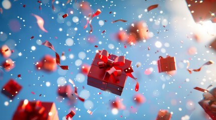 A vibrant and joyful scene of red gift boxes suspended in mid-air with ribbons, conveying a sense of celebration and festive cheer as confetti gently falls around them.