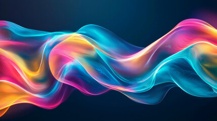 Vibrant abstract waves in blue, pink, yellow, and green create an energetic and dynamic visual effect, flowing harmoniously against a dark backdrop