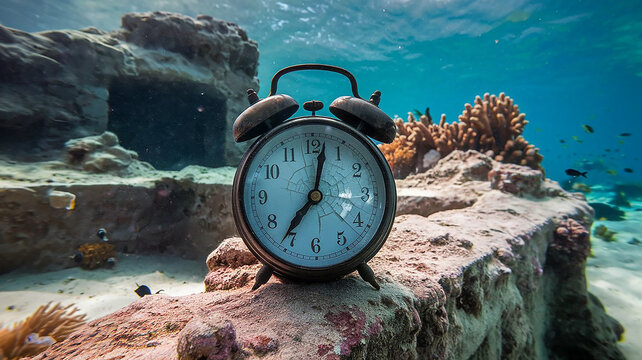 an underwater shot of an old alarm clock