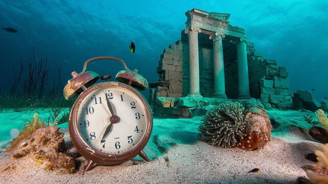 an underwater shot of an old alarm clock - Powered by Adobe