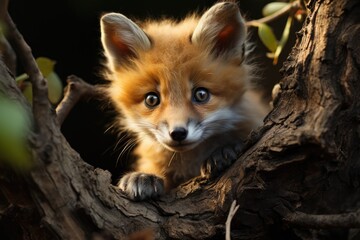 Obraz premium A charming fox cub peers out from behind a tree branch, showcasing its curious nature and adorable features while blended harmoniously with the greenery of its natural habitat.