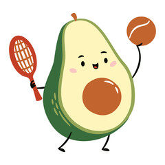 Flat vector illustration in a simple childish style. Cute avocado with a face with arms and legs playing tennis. Vector illustration