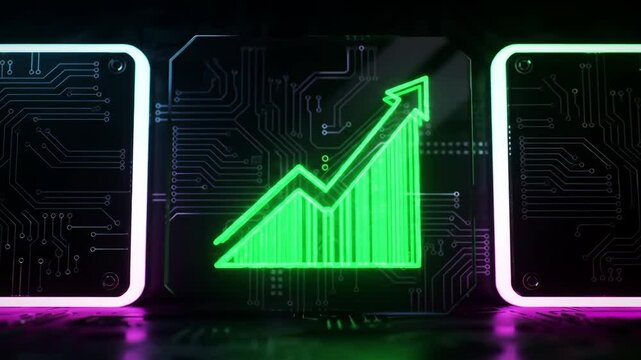 Futuristic neon-green data graph pulsing and rising within digital circuit panel