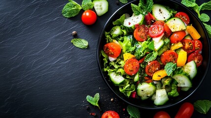 Fresh vegetable salad in black bowl with cherry tomatoes, cucumbers, lettuce, and mint on dark background.