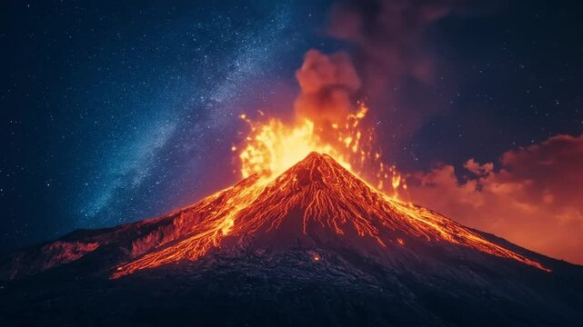 Spectacular volcano eruption under a vibrant night sky with lava flows and smoke plumes