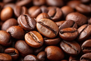 Naklejka premium Roasted coffee beans forming a textured background for cafe and coffee lovers