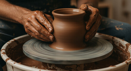 hands of a potter, creating an earthen jar on the circle,potter, clay, pottery, wheel, craft, pot, hands, art, hand, ceramic, ceramics, artist, making, handicraft, 