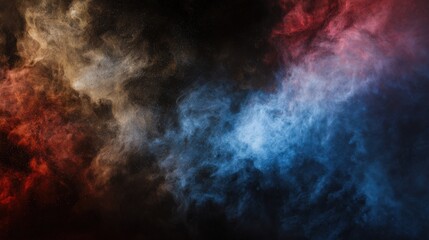 Abstract cosmic background.  Red, blue, and gold smoke swirls create a nebula-like effect. Ideal for various design projects, websites, and presentations.