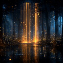 Mystical Forest With Glowing Waterfalls And Fireflies Reflection, Enchanted Nature, Dreamy And Fantastical Scene