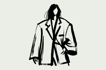 Woman in oversized suit, black brush sketch vector illustration