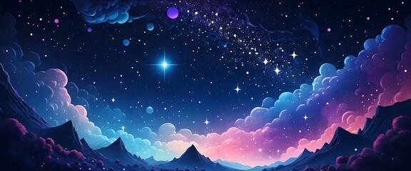 Celestial Landscape: Dreamy Night Sky, Mountains, and Colorful Clouds - Artistic Digital Painting