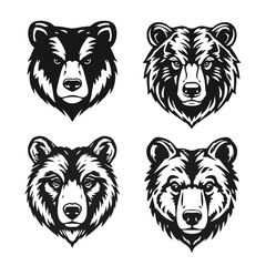 Bear head collection, wild animal emblem, fierce bear face, forest animal icon, vector illustration