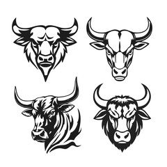 Bull heads collection, strong animal emblem, angry bull face, horned beast icon, vector illustration
