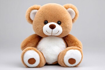 Obraz premium Smiling teddy bear sitting on gray background