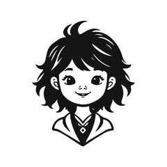Cute cartoon girl portrait in black and white style, smiling child character with messy hair and big eyes vector, cartoon girl, child portrait, vector character, cute face, happy kid