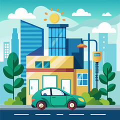 Obraz premium Vector illustration of modern city building with solar panels and electric cars outside created for clean energy and sustainable architecture themed materials