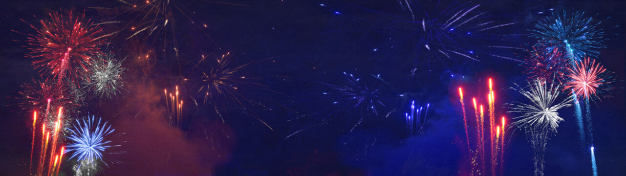 Happy 4th of July - Independence Day, new year, new years eve background banner panorama USA america holiday celebration greeting card - Blue red white firework on dark night sky