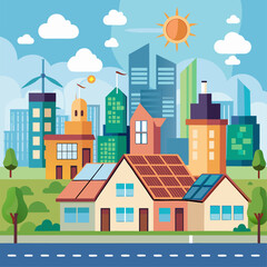 Naklejka premium Clean vector illustration of eco-friendly neighborhood with solar-powered homes and wind turbines created for sustainable urban development and smart energy themes