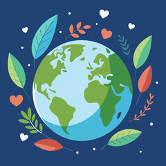Cute flat vector illustration of planet Earth with hearts and leaves surrounding it designed for global love