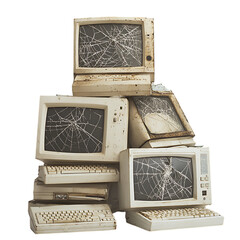 A pile of old broken computers isolated on transparent background