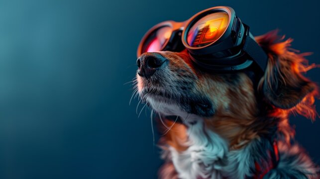 A cool dog wearing stylish goggles against a vibrant backdrop, showcasing the combination of a playful pet with a modern aesthetic and quirky attitude in photography.