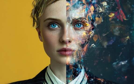 Abstract portrait of a woman, half face is realistic, half is a digital art collage of leaves and technology elements. Ideal for websites, advertising, and social media.