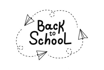 Back to school typography template, poster, greeting card with a paper plane vector illustration. Hand drawn lettering in black color. Text banner
