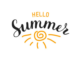 Hello Summer brushpen lettering composition with sun. Motivational typography for cards, wall prints and posters. Handwritten calligraphy. Playful and artistic words.