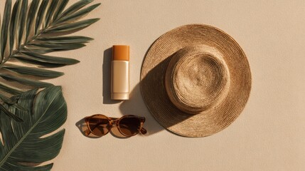 Minimalist summer flatlay of beach essentials on a sand-colored background: sunscreen, sunglasses, straw hat, and tropical leaves, styled with clean shadows and warm ambient light