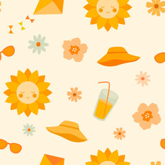 A cosy summer pattern with a smiling sun, flowers, kite, hat, and sunglasses. Cute sunshine in a beach aesthetic. Ideal for summer children's textiles, umbrellas, towels, bedspreads, swimwear