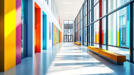Modern building interior with colorful walls, large windows, and bright sunlight.