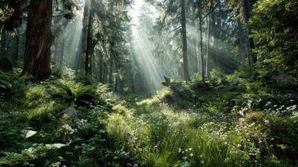 Obraz premium Sunlight filtering through lush green trees in a dense summer forest, dreamy light rays illuminating forest floor with ferns and wildflowers, cinematic mood, tranquil and serene