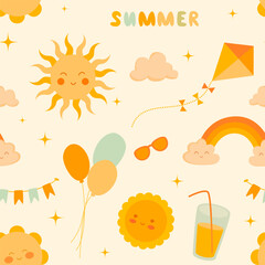 A cheerful pattern with a summer infusion. Smiling sun, clouds, balloons, kite, rainbow, sunglasses. Suitable for summer textiles, beach covers, towels, gift wrapping, children's clothing