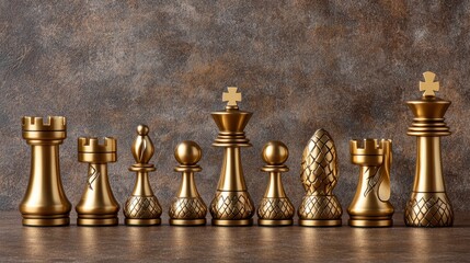 Gold chess pieces arranged in a row on a brown surface against a textured background.
