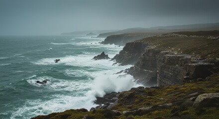 Obraz premium Coastal Cliff Waves Crashing on Rocks, Moody Seascape