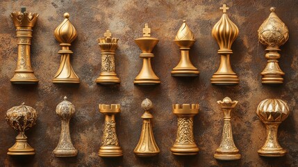 Overhead view of golden chess pieces arranged on a brown textured background.