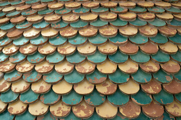 Old colorful fish scale tiles closeup