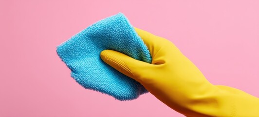 The bright yellow glove holding a microfiber cloth against a pink background.