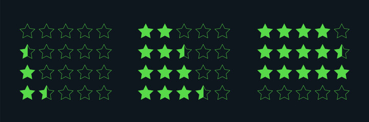 Green Star Rating System Illustration with Varying Scores on Dark Background. Vector