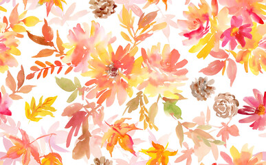 PNG seamless pattern of abstract autumn leaves, flowers painted in watercolor. Hand-drawn dahlias, autumn leaves and sunflower textile design for Thanksgiving. Wallpaper with dahlias, sunflowers.