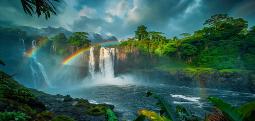 A rainbow over a waterfall surrounded by lush vegetation