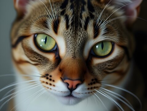 Cat green eyes direct gaze close up. Intense gaze pierces viewer, steady gaze.