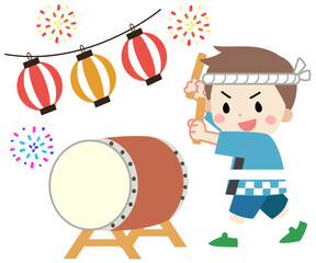 夏祭りで太鼓を叩く子供のイラスト